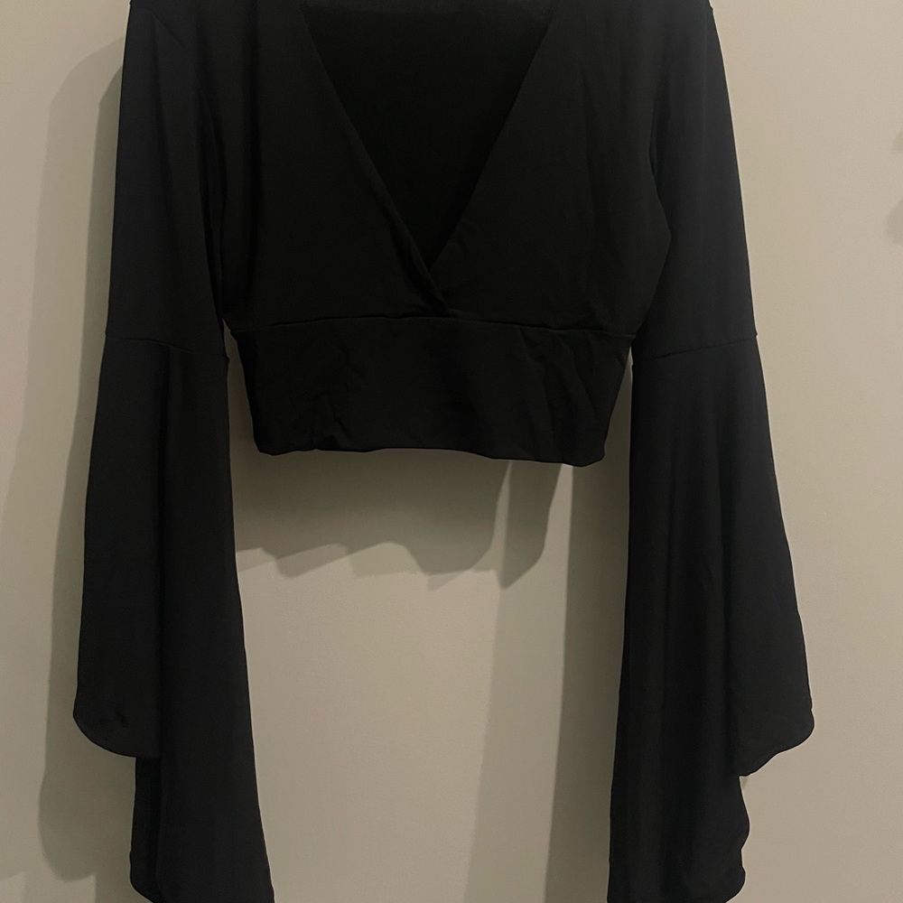 Cropped Black Bell Sleeve Blouse - S